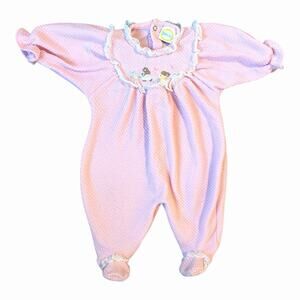 Vintage Baby Girl Coquette Pink Footed Sleeper With Lace And Bunny Embroidery 6M
